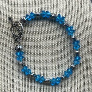 Toggle Bracelet 8 In Silver Diamond Flower Cyan Blue Faceted Bead Retro Cottage